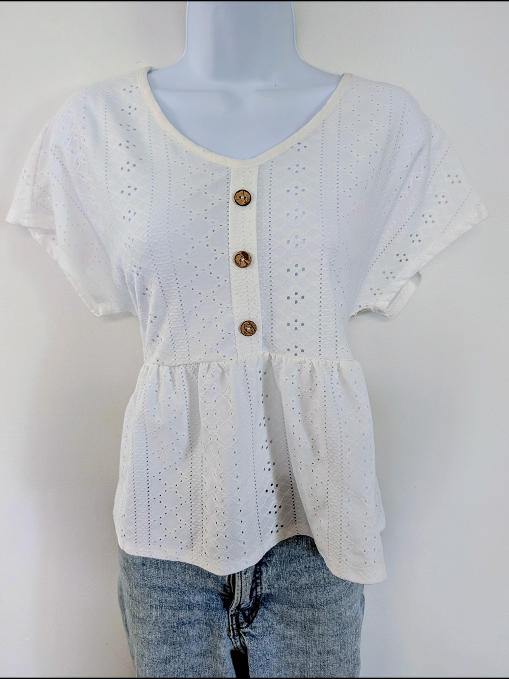 White Eyelet Peplum Button Front Women's Top